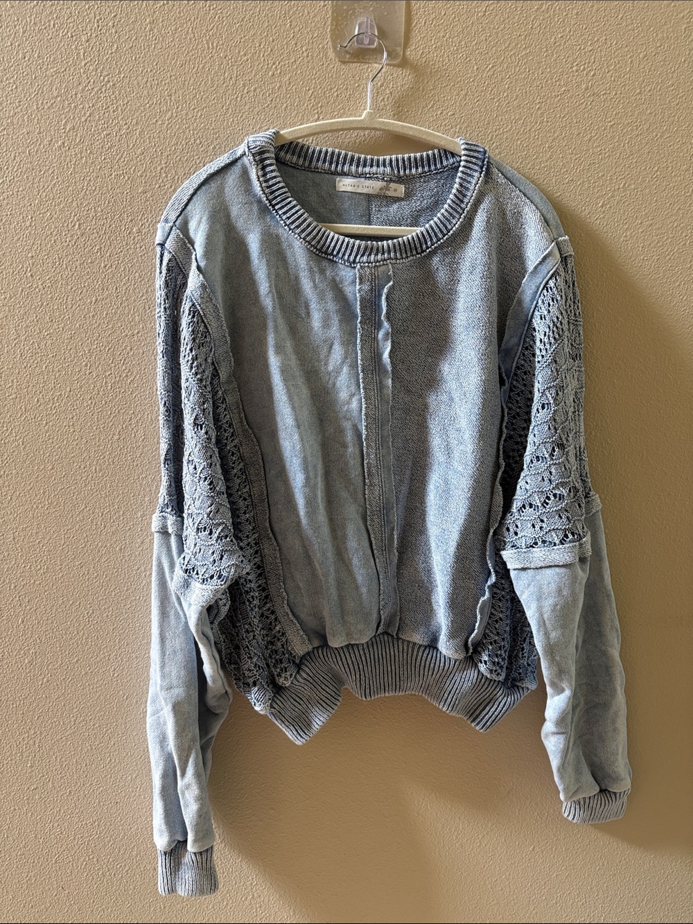 Altar'd State Light Blue Crochet-Sleeve Crewneck Sweater
